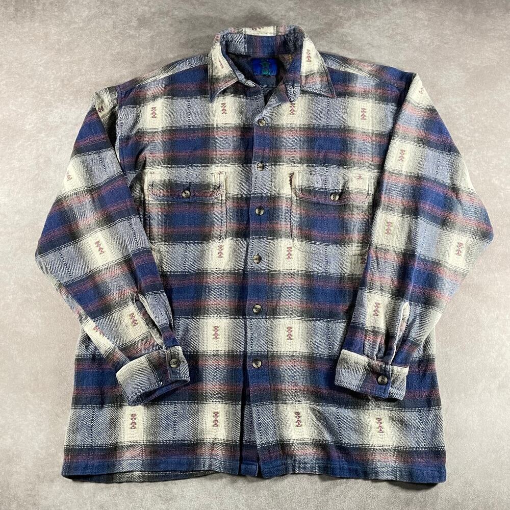 Vintage Private Flannel Shirt Southwest Embroidered Blue Plaid Men's Size Medium
